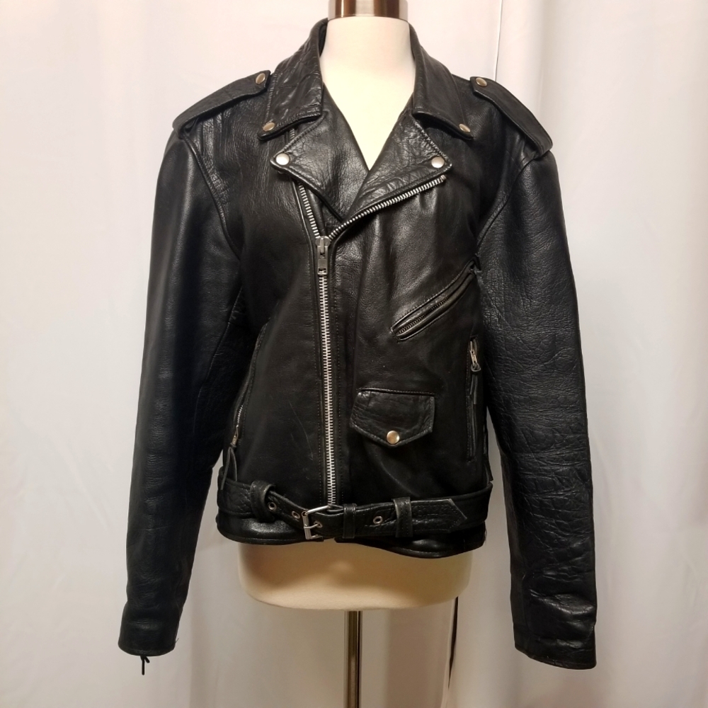 Vintage 90s Genuine Black Leather Motorcycle Moto Grunge Goth Jacket Size 44 XL